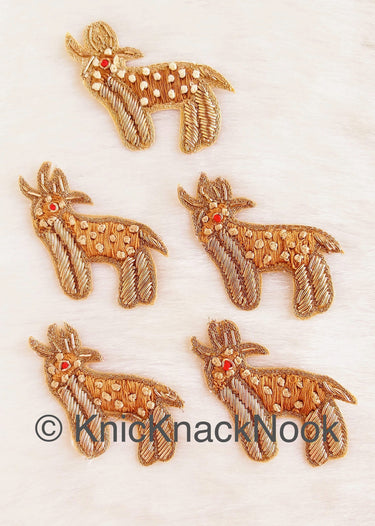 Hand Embroidered Deer Applique In Gold, Beige And Red Zardozi Threadwork, Animal Motif